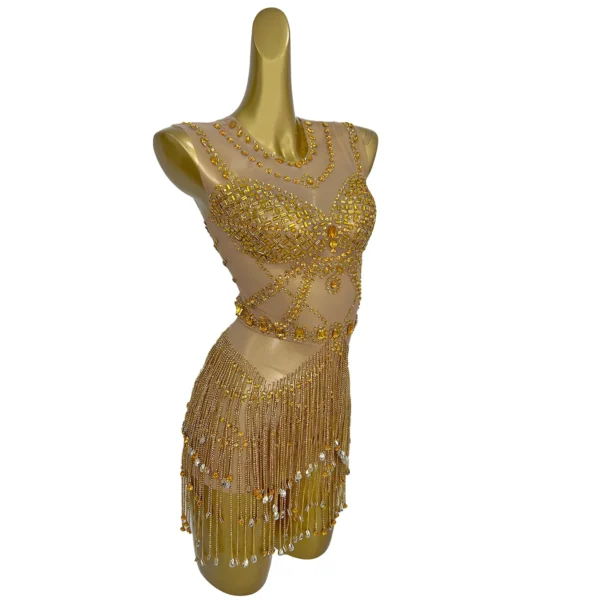 Sparkly Gold Rhinestone Tassel See Through Mesh Mini Dress Women Club Sexy Dance Outfit Party Stage Performance Dance Wear Suya - Image 3