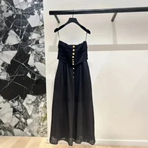 Women's High Waist Strapless Pleated Dress 2025 Summer New Metal Button Design Slim Black Slash Neck Robe