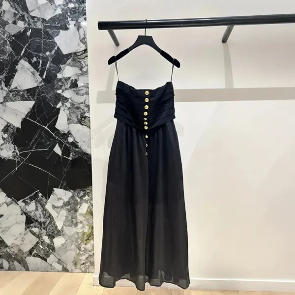 Women's High Waist Strapless Pleated Dress 2025 Summer New Metal Button Design Slim Black Slash Neck Robe