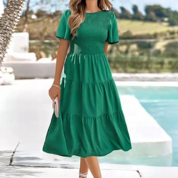 Summer Dresses For Women Clothing 2023 Casual Flutter Short Sleeve V Neck Smocked Elastic Waist Tiered Midi Dress Dropshiping - Image 6
