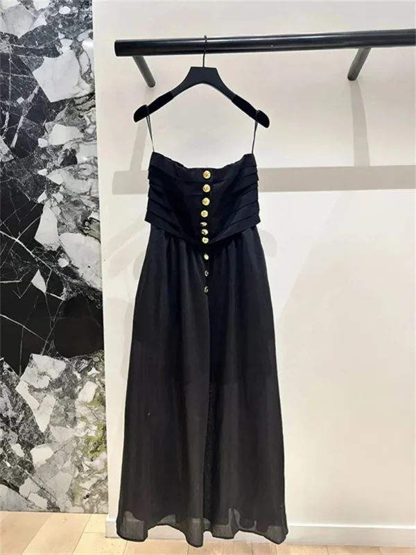 Women's High Waist Strapless Pleated Dress 2025 Summer New Metal Button Design Slim Black Slash Neck Robe - Image 3