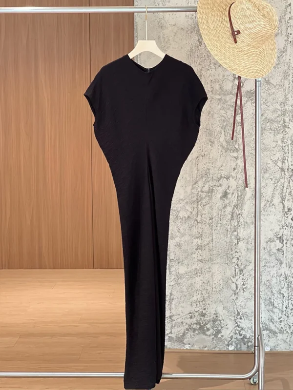 2025 New Women's Clothing High Waist Dress Round Neck Short Sleeve Slim Ladies White or Blue Simple Midi Robe - Image 3