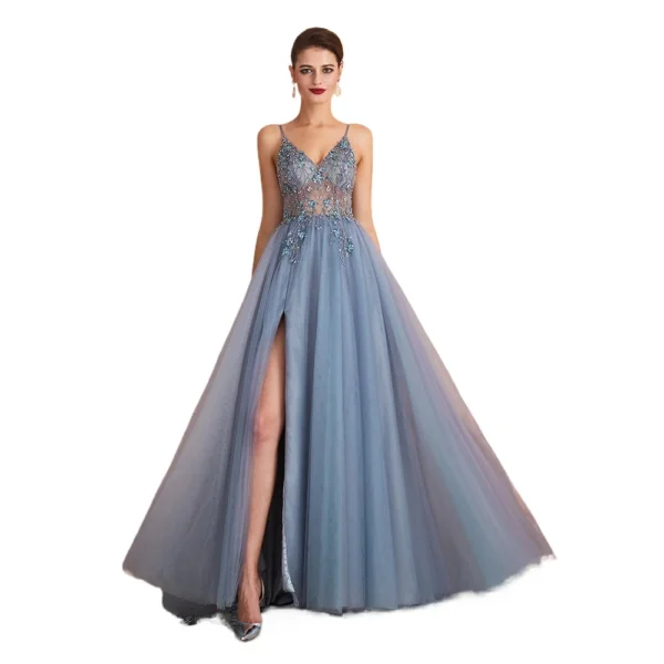 2025 New Summer Strap Long Heavy Industry Beaded Crystal Ball Dress, Fashionable and Sexy Chiffon V-neck Split Evening Dress - Image 11