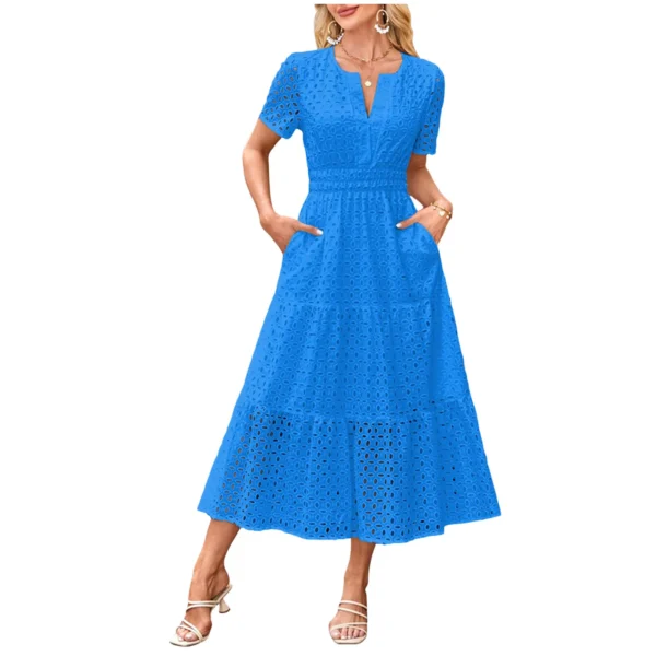 Women'S Summer Short Sleeved Long Dress Trendy V-Neck Hollow Eyelets Ruffle Hem A-Line Dress Pockets Female Temperament Dresses - Image 5