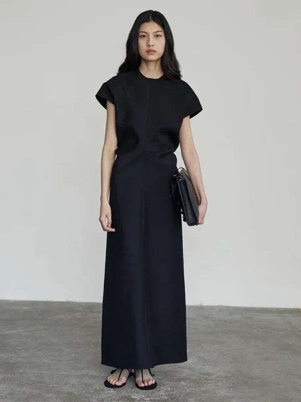 2025 New Women's Clothing High Waist Dress Round Neck Short Sleeve Slim Ladies White or Blue Simple Midi Robe - Image 9
