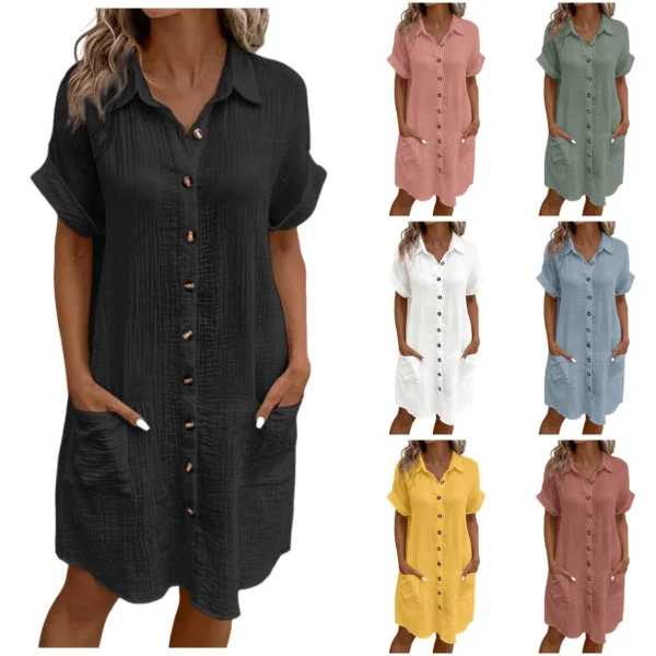 Women'S Fashion Summer Minimalist V-Neck Button Up Dress Woman Cotton Linen White Short Sleeved Pocket Casual Loose Shirt Dress - Image 10