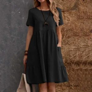 Evening Dresses Outfits Women Fashion Solid Vintage Cotton And Linen Loose Pocket Round Neck Short Sleeve Vestido Mujer Elegante