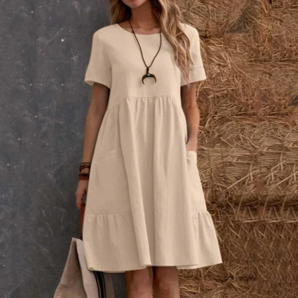 Evening Dresses Outfits Women Fashion Solid Vintage Cotton And Linen Loose Pocket Round Neck Short Sleeve Vestido Mujer Elegante - Image 4