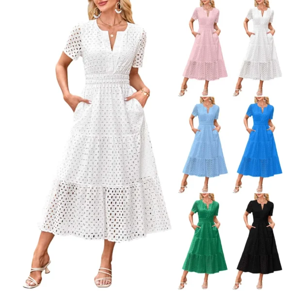 Women'S Summer Short Sleeved Long Dress Trendy V-Neck Hollow Eyelets Ruffle Hem A-Line Dress Pockets Female Temperament Dresses - Image 11