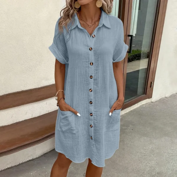Women'S Fashion Summer Minimalist V-Neck Button Up Dress Woman Cotton Linen White Short Sleeved Pocket Casual Loose Shirt Dress - Image 5