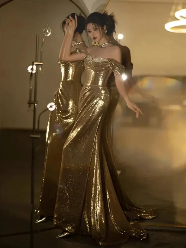 Lautaro Spring Praty Birthday Evening Dresses Woman Off Shoulder Backless Elegant Luxury Prom Floor Length Gold Sequin Dress - Image 2