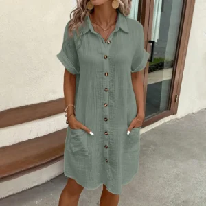 Women'S Fashion Summer Minimalist V-Neck Button Up Dress Woman Cotton Linen White Short Sleeved Pocket Casual Loose Shirt Dress