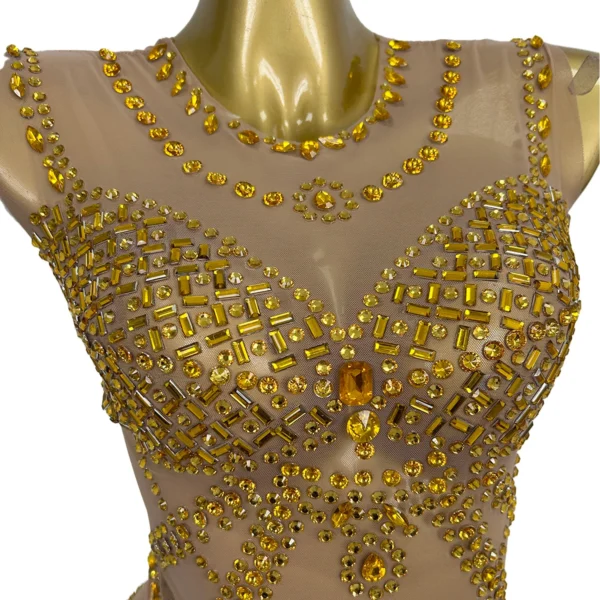 Sparkly Gold Rhinestone Tassel See Through Mesh Mini Dress Women Club Sexy Dance Outfit Party Stage Performance Dance Wear Suya - Image 6