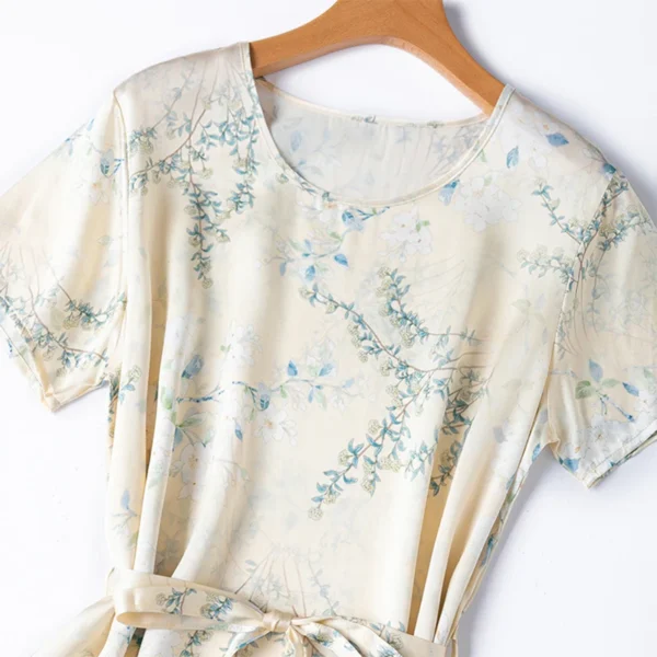 Women Midi Dress 100% Mulberry Silk 19 Momme Charmeuse Silk Short Sleeve Nude Floral Printed A Line Long Dress Summer M1358 - Image 3