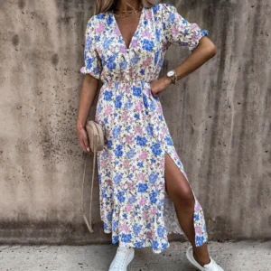 Boho Floral Split Midi Dress Women Summer Elegant V-Neck Bohemial Long Dress Female Casual Party Beach Vestidos Tunic Sundress
