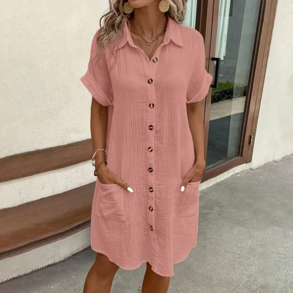 Women'S Fashion Summer Minimalist V-Neck Button Up Dress Woman Cotton Linen White Short Sleeved Pocket Casual Loose Shirt Dress - Image 2