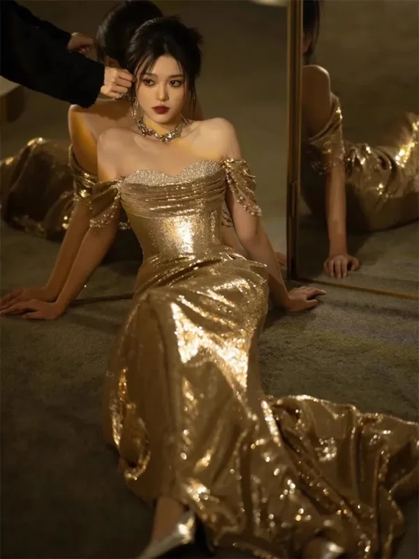 Lautaro Spring Praty Birthday Evening Dresses Woman Off Shoulder Backless Elegant Luxury Prom Floor Length Gold Sequin Dress - Image 10