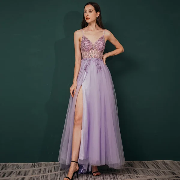 2025 New Summer Strap Long Heavy Industry Beaded Crystal Ball Dress, Fashionable and Sexy Chiffon V-neck Split Evening Dress - Image 5