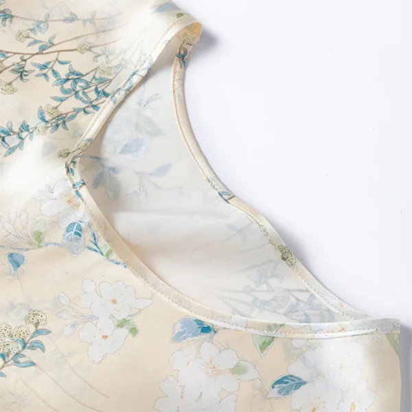 Women Midi Dress 100% Mulberry Silk 19 Momme Charmeuse Silk Short Sleeve Nude Floral Printed A Line Long Dress Summer M1358 - Image 4