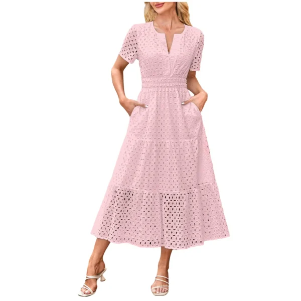 Women'S Summer Short Sleeved Long Dress Trendy V-Neck Hollow Eyelets Ruffle Hem A-Line Dress Pockets Female Temperament Dresses - Image 10