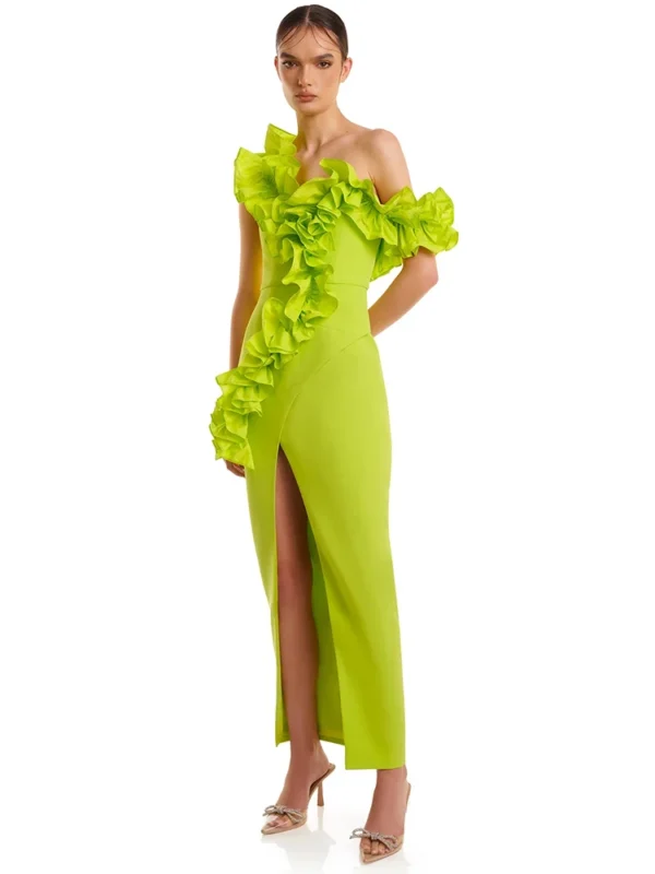 Women Sexy One Shoulder Long Bandage Ruffles Neon Green Split Maxi  Maxi Dress Elegant Evening Club Party Cocktail Outfits - Image 2