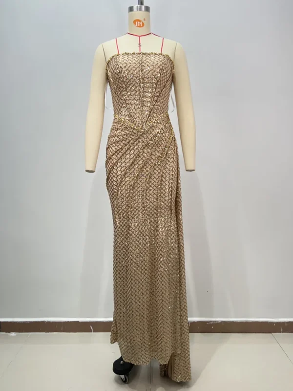 Women Celebrity Sexy Strapless Sequins Gold Crystal Split Maxi Long Gowns Dress 2024 Elegant Evening Party Club Vestido - Image 8