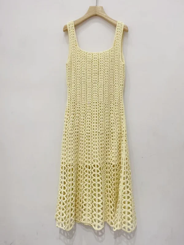 2025 SS New Knitted Women Tank Midi Dress Hook Flower Hollow Out Sleeveless Lady Party Dress - Image 8