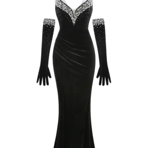 Sexy Strapless Plearls Diamonds Long Dress With Gloves Women Black Velvet Sleeveless Beaded Split Maxi Dresses Celebrity Evening