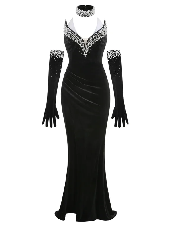 Sexy Strapless Plearls Diamonds Long Dress With Gloves Women Black Velvet Sleeveless Beaded Split Maxi Dresses Celebrity Evening