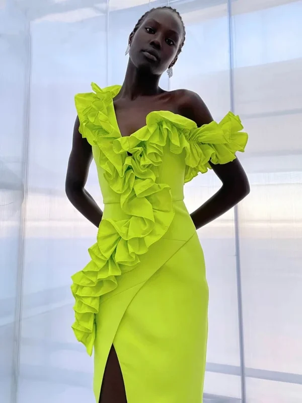 Women Sexy One Shoulder Long Bandage Ruffles Neon Green Split Maxi  Maxi Dress Elegant Evening Club Party Cocktail Outfits - Image 4