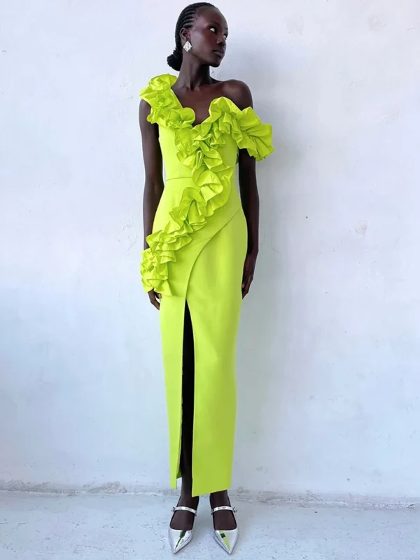 Women Sexy One Shoulder Long Bandage Ruffles Neon Green Split Maxi  Maxi Dress Elegant Evening Club Party Cocktail Outfits - Image 6