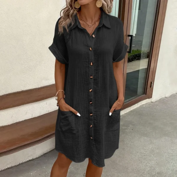 Women'S Fashion Summer Minimalist V-Neck Button Up Dress Woman Cotton Linen White Short Sleeved Pocket Casual Loose Shirt Dress - Image 4