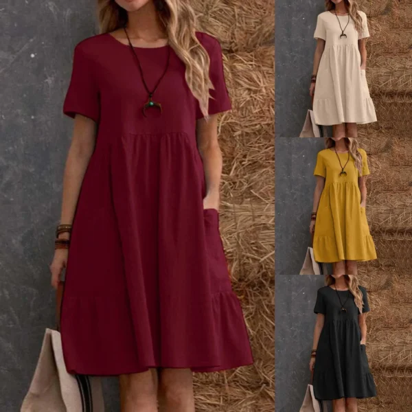 Evening Dresses Outfits Women Fashion Solid Vintage Cotton And Linen Loose Pocket Round Neck Short Sleeve Vestido Mujer Elegante - Image 6