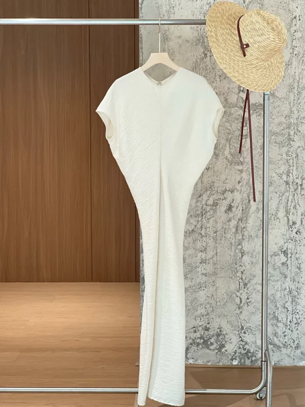 2025 New Women's Clothing High Waist Dress Round Neck Short Sleeve Slim Ladies White or Blue Simple Midi Robe - Image 2