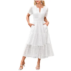 Women'S Summer Short Sleeved Long Dress Trendy V-Neck Hollow Eyelets Ruffle Hem A-Line Dress Pockets Female Temperament Dresses