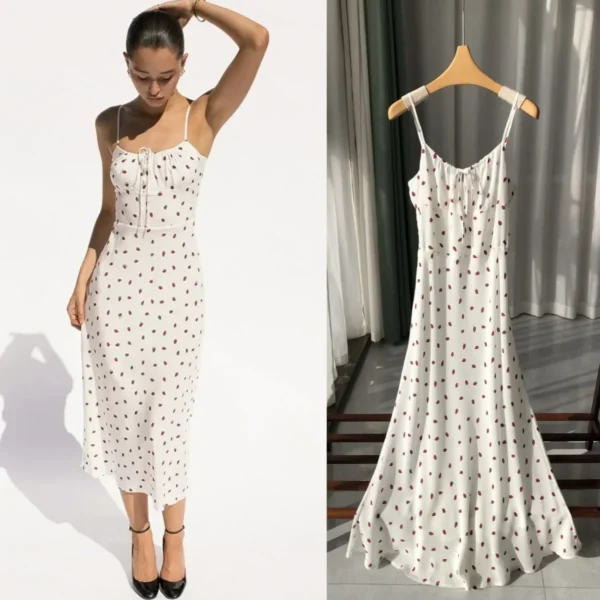Real Silk French Style Classic Polka Dot Sling Dress Drawstring Tie Sand Wash Silk Strap Dress Sexy Dress for Women 2025 - Image 4