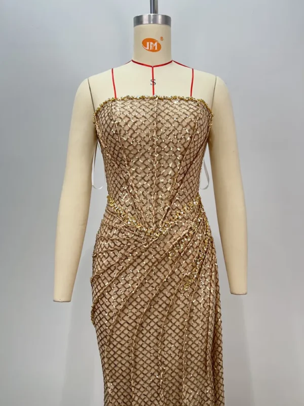 Women Celebrity Sexy Strapless Sequins Gold Crystal Split Maxi Long Gowns Dress 2024 Elegant Evening Party Club Vestido - Image 12