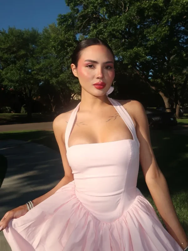 Elegant Pink Halter Pleated Mini Dress Women Lace-up Backless Off Shoulder Puff Hem A-line Short Gowns Summer Lady Party Robe - Image 7