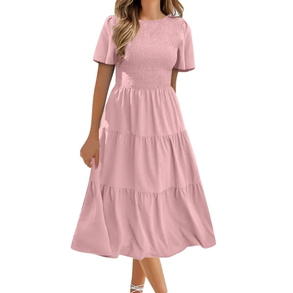 Summer Dresses For Women Clothing 2023 Casual Flutter Short Sleeve V Neck Smocked Elastic Waist Tiered Midi Dress Dropshiping - Image 8