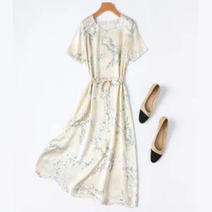 Women Midi Dress 100% Mulberry Silk 19 Momme Charmeuse Silk Short Sleeve Nude Floral Printed A Line Long Dress Summer M1358