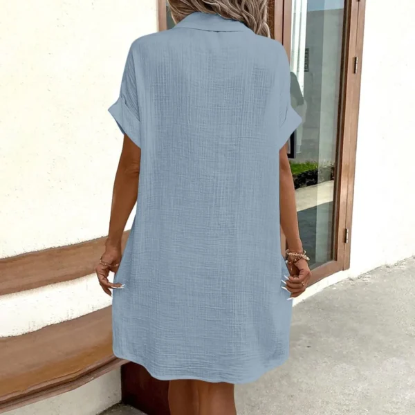 Women'S Fashion Summer Minimalist V-Neck Button Up Dress Woman Cotton Linen White Short Sleeved Pocket Casual Loose Shirt Dress - Image 9