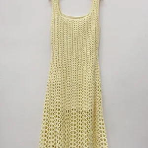 2025 SS New Knitted Women Tank Midi Dress Hook Flower Hollow Out Sleeveless Lady Party Dress