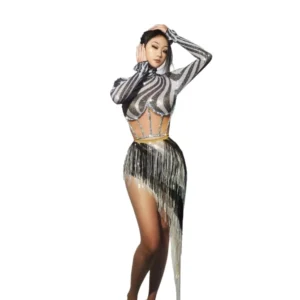 Glamorous Zebra Print Maxi Dress For Women Shiny Sequins/Metallic Stripes Performance Outfits Vestidos De Fiesta Elegante Señora