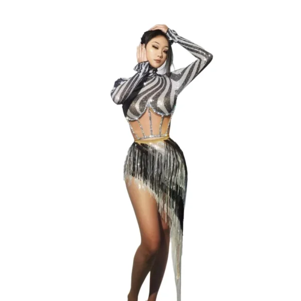 Glamorous Zebra Print Maxi Dress For Women Shiny Sequins/Metallic Stripes Performance Outfits Vestidos De Fiesta Elegante Señora