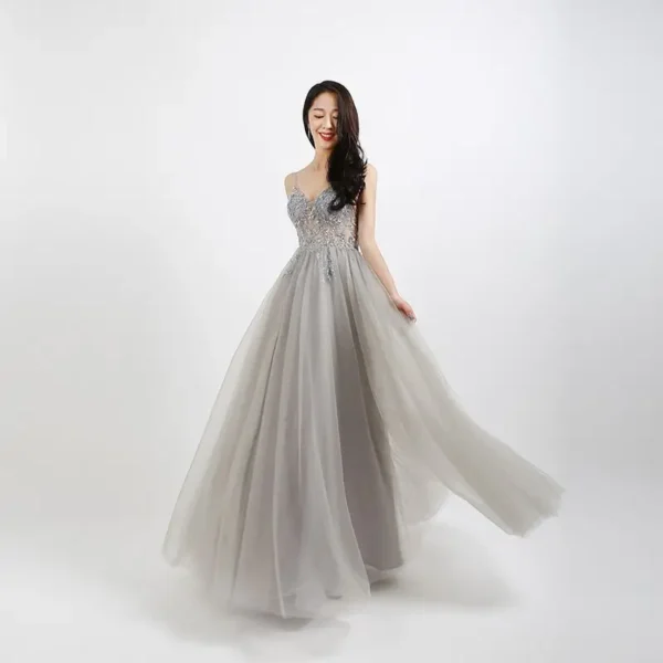 2025 New Summer Strap Long Heavy Industry Beaded Crystal Ball Dress, Fashionable and Sexy Chiffon V-neck Split Evening Dress - Image 3