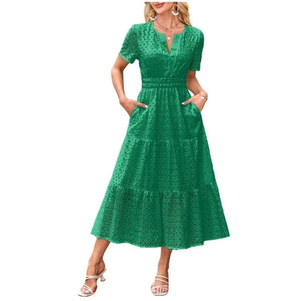 Women'S Summer Short Sleeved Long Dress Trendy V-Neck Hollow Eyelets Ruffle Hem A-Line Dress Pockets Female Temperament Dresses - Image 4