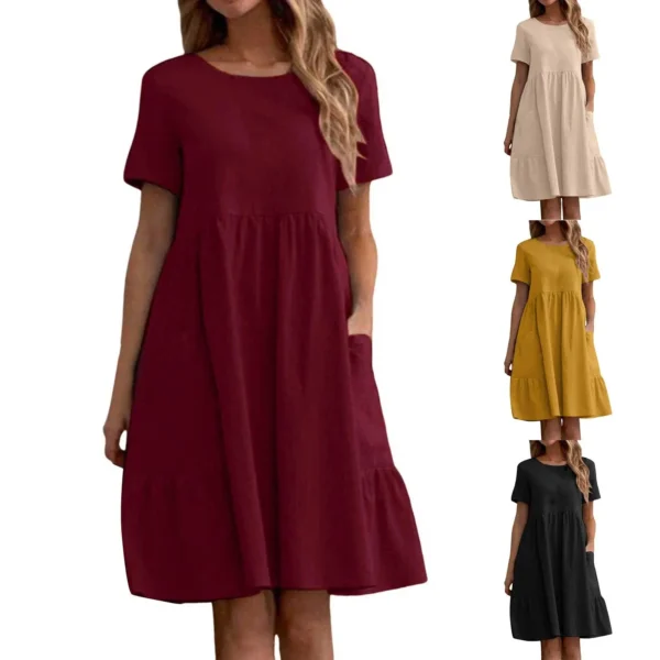 Evening Dresses Outfits Women Fashion Solid Vintage Cotton And Linen Loose Pocket Round Neck Short Sleeve Vestido Mujer Elegante - Image 7