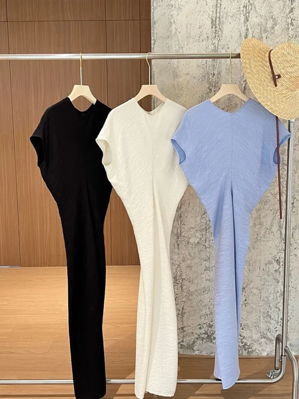 2025 New Women's Clothing High Waist Dress Round Neck Short Sleeve Slim Ladies White or Blue Simple Midi Robe - Image 8