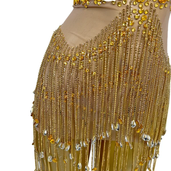 Sparkly Gold Rhinestone Tassel See Through Mesh Mini Dress Women Club Sexy Dance Outfit Party Stage Performance Dance Wear Suya - Image 7