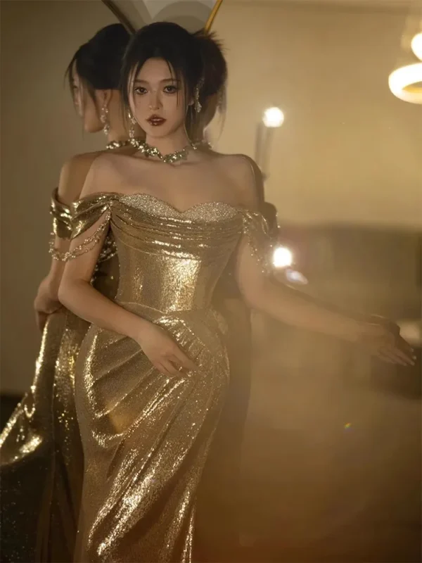 Lautaro Spring Praty Birthday Evening Dresses Woman Off Shoulder Backless Elegant Luxury Prom Floor Length Gold Sequin Dress - Image 9